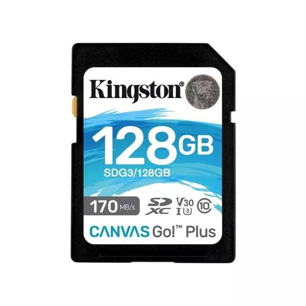 128GB SD Class10 UHS-I U3 (V30)  Kingston Canvas Go! Plus, Read: 170MB/s, Write: 70MB/s, Ideal for DSLRs/Drones/Action cameras