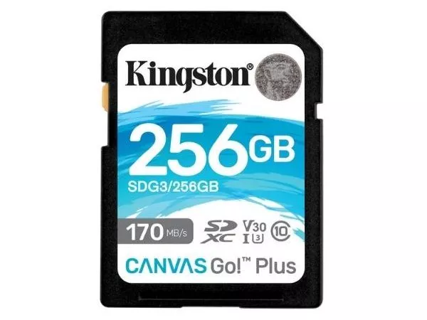 256GB SD Class10 UHS-I U3 (V30)  Kingston Canvas Go! Plus (SDG3/256GB), Read: 170MB/s, Write: 70MB/s, Ideal for DSLRs/Drones/Action cameras