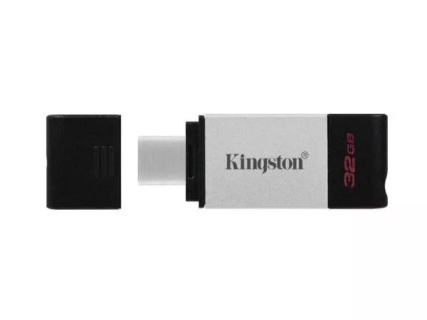 32GB USB-С3.2  Kingston DataTraveler 80 DT80/32GB, Black/Silver, USB-C, Cap design, Stylish and slim metal & plastic casing fits, Keyring Loop (Read 2