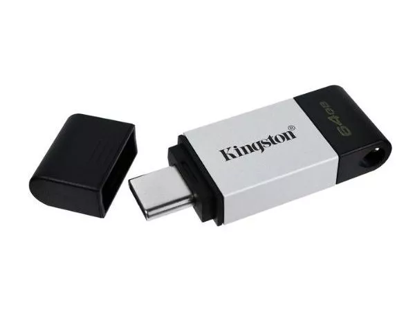 64GB USB-С3.2  Kingston DataTraveler 80 DT80/64GB, Black/Silver, USB-C, Cap design, Stylish and slim metal & plastic casing fits, Keyring Loop (Read 2