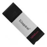 128GB USB-С3.2  Kingston DataTraveler 80, Black/Silver, USB-C, Cap design, Stylish and slim metal & plastic casing fits, Keyring Loop (Read 200 MByte/