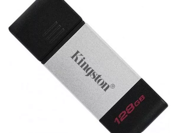 128GB USB-С3.2  Kingston DataTraveler 80, Black/Silver, USB-C, Cap design, Stylish and slim metal & plastic casing fits, Keyring Loop (Read 200 MByte/