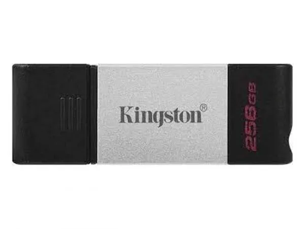256GB USB-С3.2  Kingston DataTraveler 80, Black/Silver, USB-C, Cap design, Stylish and slim metal & plastic casing fits, Keyring Loop (Read 200 MByte/