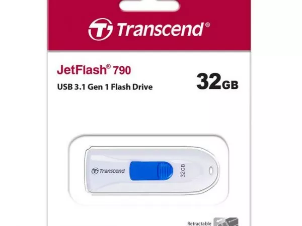 32GB USB3.1 Flash Drive Transcend "JetFlash 790", White, Slider (R/W:90/25MB/s)