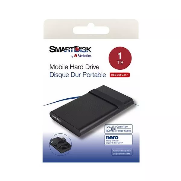2.5" External HDD 1TB (USB3.2) SmartDisk (by Verbatim) Mobile Drive 1TB with Cable Tidy, Black, Official Recertified Hard Drives, Tested Verbatim qual