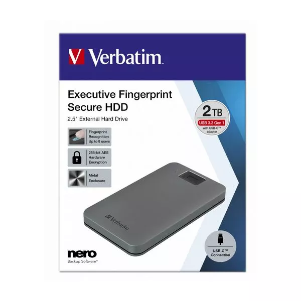 2.5" External HDD 2.0TB (USB3.2/USB-C)  Verbatim Executive Fingerprint Secure, Grey, Aluminium, Sleek, Nero Backup Software, Green Button Energy Savin