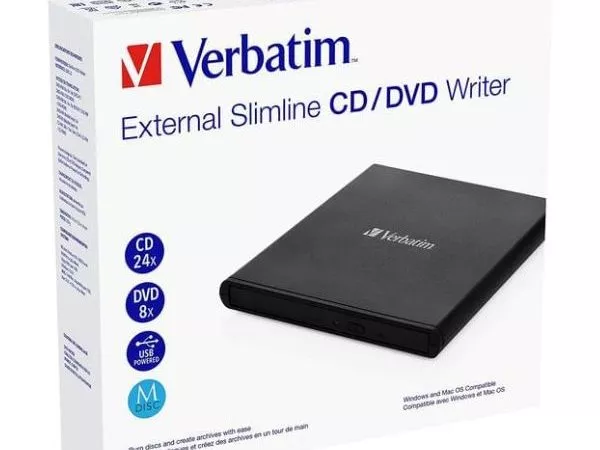 External Slimline CD/DVD Writer VERBATIM, Light Version, Portable Slim -14mm, Super-Multi CDR/RW +24x/-24x, DVDR+8x/-8x, RW+6x/-6x, DL+6x, RAM 5x, min