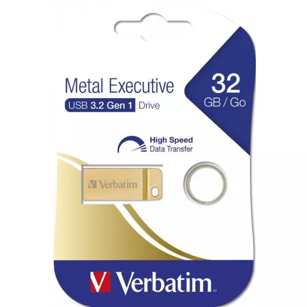 32GB USB3.0  Verbatim Metal Executive, Gold, Metal casing, Compact and lightweight, Metal ring included (Read up to 80 MByte/s, Write up to 25 MByte/s