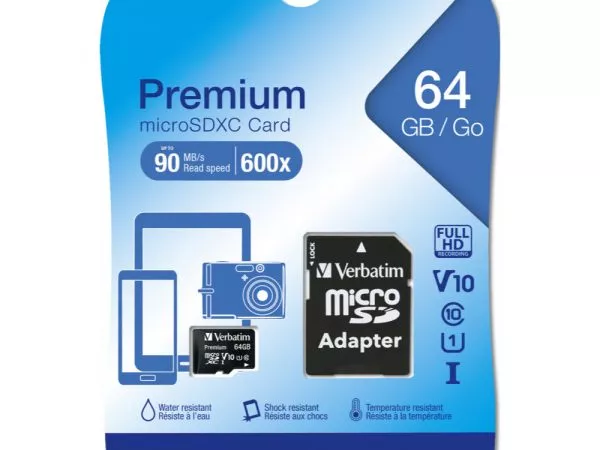 64GB microSD Class10 A1 UHS-I + SD adapter  Verbatim Premium microSDXC, 600x, Up to: 90MB/s