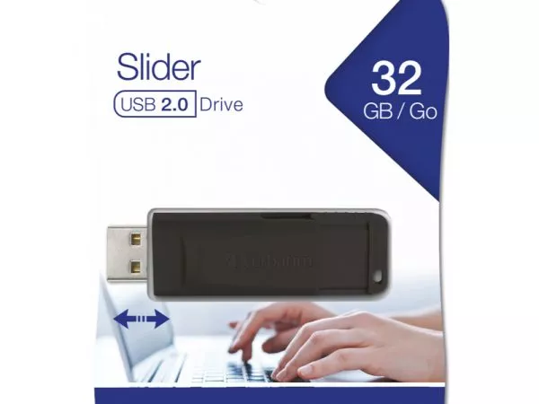 32GB USB2.0  Verbatim Slider Black, Retractable USB connector, (Up to: Read 18 MByte/s, Write 10 MByte/s)