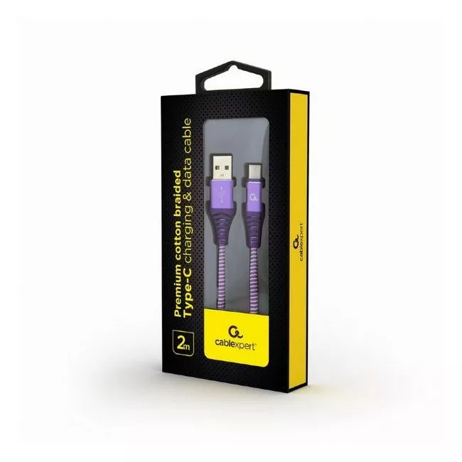 Cable USB2.0/Type-C Premium cotton braided - 2m - Cablexpert CC-USB2B-AMCM-2M-PW, Purple/White, USB