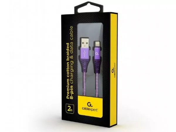 Cable USB2.0/8-pin Premium cotton braided - 2m - Cablexpert CC-USB2B-AMLM-2M-PW, Purple/White, USB 2