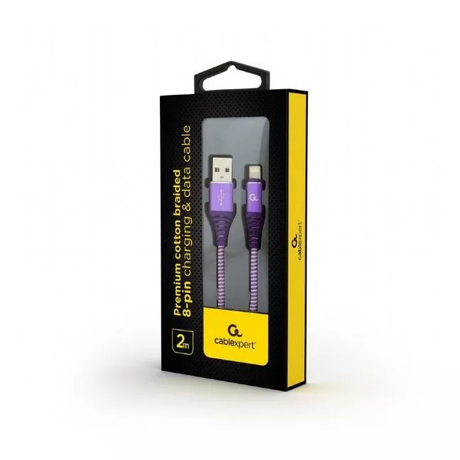 Cable USB2.0/8-pin Premium cotton braided - 2m - Cablexpert CC-USB2B-AMLM-2M-PW, Purple/White, USB 2 фото