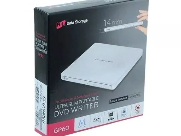 External Portable Slim 8x DVD-RW Drive Hitachi-LG Data Storage "GP60NB60", White, (USB2.0), Retail