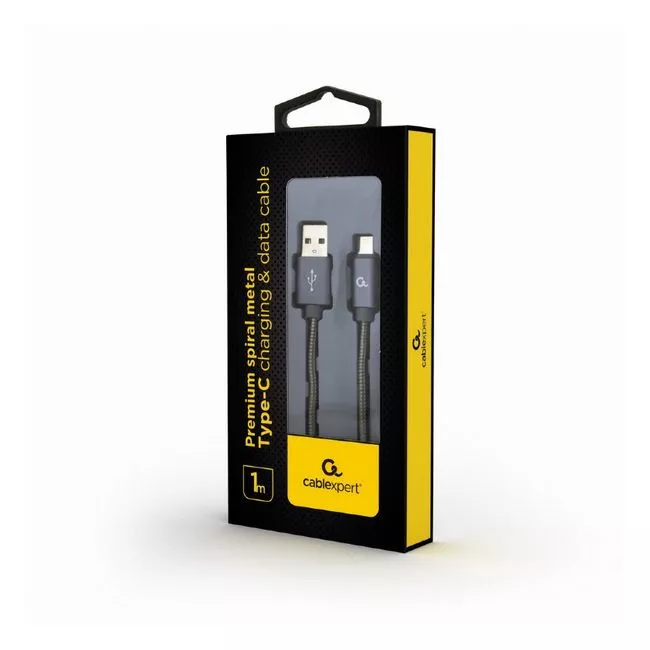 Cable USB2.0/Type-C - 1m - Cablexpert CC-USB2S-AMCM-1M-BG, Premium spiral metal Type-C USB charging