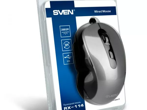 Mouse SVEN RX-114, Optical, 600-2000 dpi, 6 buttons, Ambidextrous, Black, USB