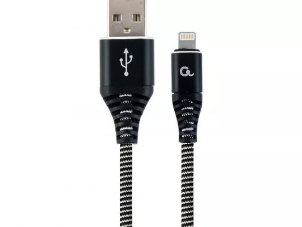 Blister Lightning 8-pin/USB2.0,  2.0m Cablexpert Cotton Braided Black/Wnite, CC-USB2B-AMLM-2M-BW