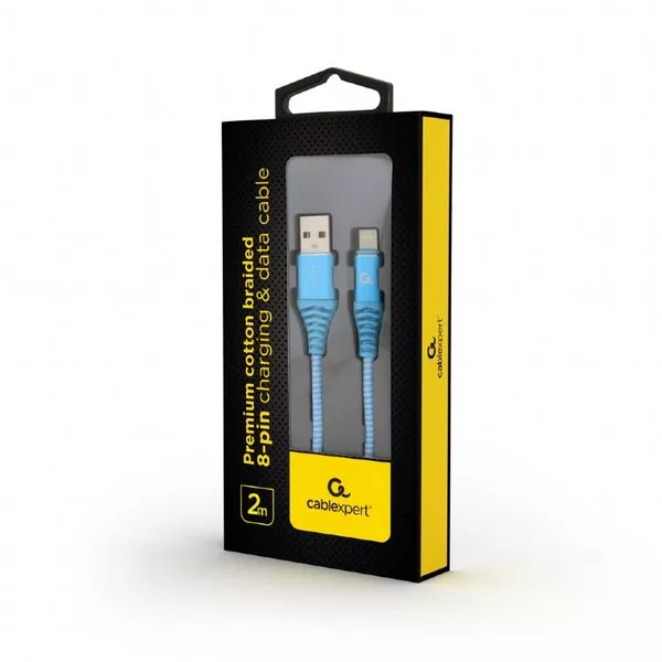 Cable USB2.0/8-pin Premium cotton braided - 2m - Cablexpert CC-USB2B-AMLM-2M-VW, Blue/White, USB 2.0 фото