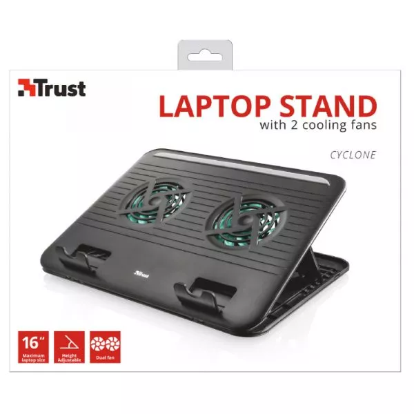 Trust Cyclone, Notebook Cooling Pad up to 16", 2 silent cooling fans, 8 step height-adjustable, Blac