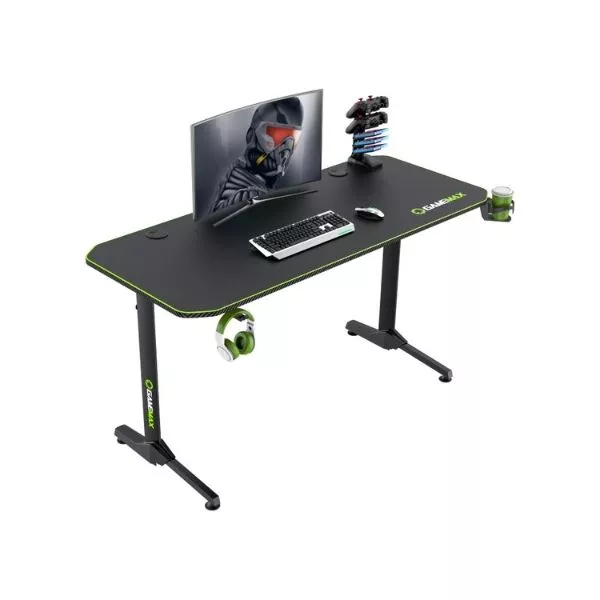 Gaming Desk Gamemax D140-Carbon, 140x60x75cm, Headsets hook, Cup holder, Cable managment