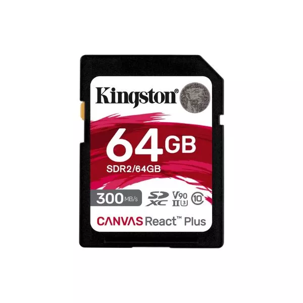 64GB SD Class10 UHS-II U3 (V90)  Kingston Canvas React Plus, Ultimate, Read: 300Mb/s, Write: 260Mb/s,  Capture 4K/8K Ultra-HD high-speed shots without