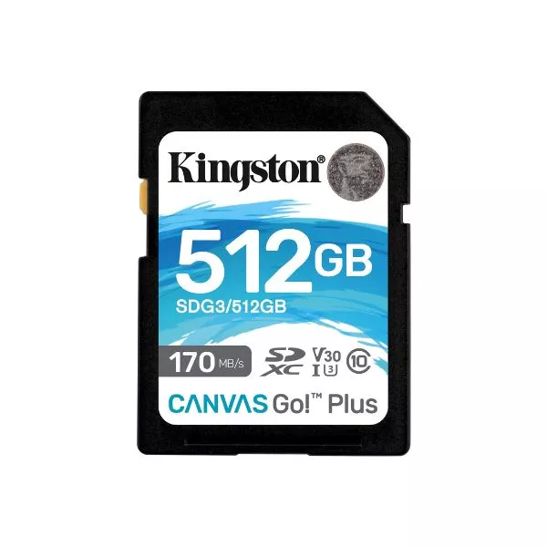 512GB SD Class10 UHS-I U3 (V30)  Kingston Canvas Go! Plus, Read: 170MB/s, Write: 70MB/s, Ideal for DSLRs/Drones/Action cameras
