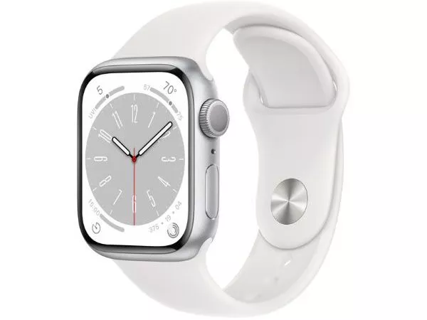 Apple Watch Series 8 GPS, 41mm Silver Aluminium Case with White Sport Band, MP6K3