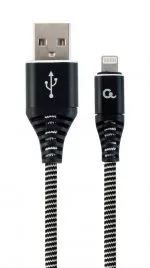 Blister Lightning 8-pin/USB2.0, 1.0m Cablexpert Cotton Braided Black/Wnite, CC-USB2B-AMLM-1M-BW