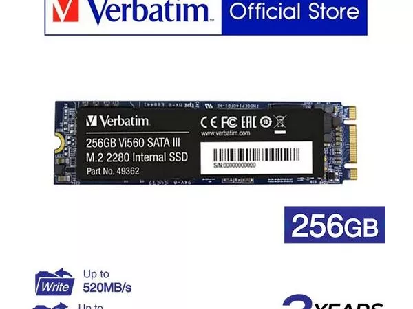 M.2 SATA SSD  256GB  Verbatim Vi560 S3, SATA 6Gb/s, M.2 Type 2280 form factor, Sequential Reads: 560