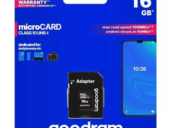 16GB microSD Class10 U1 UHS-I + SD adapter  Goodram M1AA, 600x, Up to: 90MB/s