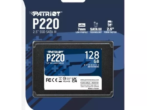 2.5" SSD  128GB Patriot P220, SATAIII, Sequential Read: 550MB/s, Sequential Write: 480MB/s, 4K Random Read: 40K IOPS, 4K Random Write: 50K IOPS, SMART