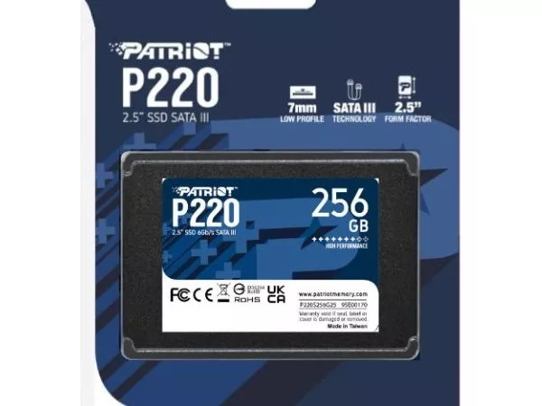 2.5" SSD  256GB Patriot P220, SATAIII, Sequential Read: 550MB/s, Sequential Write: 490MB/s, 4K Random Read: 40K IOPS, 4K Random Write: 50K IOPS, SMART