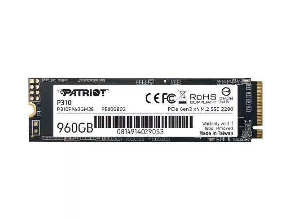 M.2 NVMe SSD  960GB Patriot P310, Interface: PCIe3.0 x4 / NVMe 1.3, M2 Type 2280 form factor, Sequential Read 2100 MB/s, Sequential Write 1800 MB/s, R