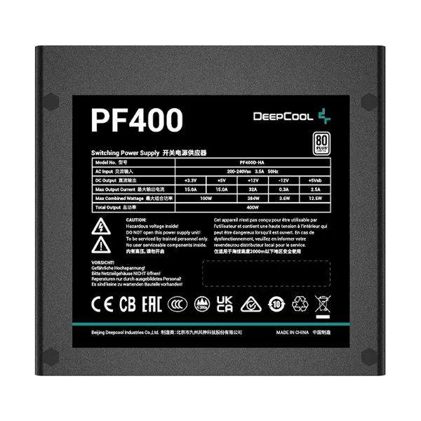 PSU DEEPCOOL "PF400", 400W, ATX12V V2.4, 80 PLUS®, Active PFC+Double tube forward, Silent 120mm Hydro Bearing, Flat Black Cables, +12V (32A), 20+4 Pin