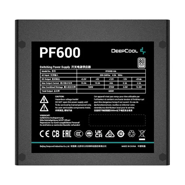 PSU DEEPCOOL "PF600", 600W,  ATX12V V2.4, 80 PLUS®, Active PFC+Double tube forward, Silent 120mm Hydro Bearing fan, Black Flat Cables, +12V (48A), 20+