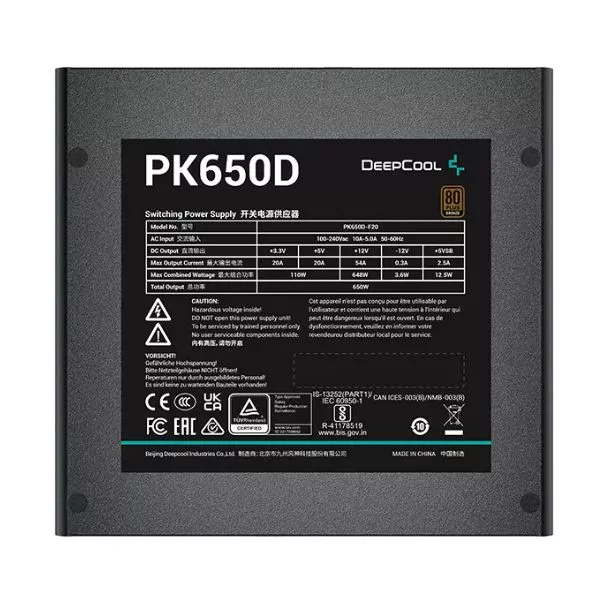 PSU DEEPCOOL "PK650D", 650W, ATX12V V2.4, 80 PLUS® Bronze, Active PFC, DC-DC Conversion, 120mm Hydro Bearing fan, Black Flat Cables, +12V (54A), 20+4