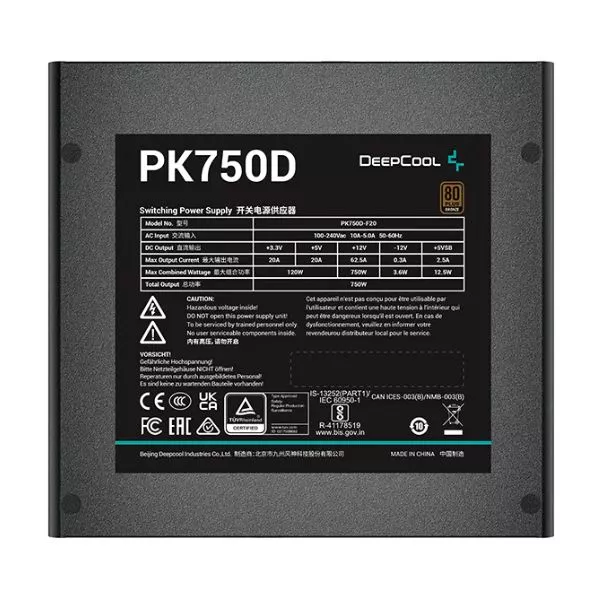 PSU DEEPCOOL "PK750D", 750W, ATX12V V2.4, 80 PLUS® Bronze, Active PFC, DC-DC Conversion, 120mm Hydro Bearing fan, Black Flat Cables, +12V (62.5A), 20+