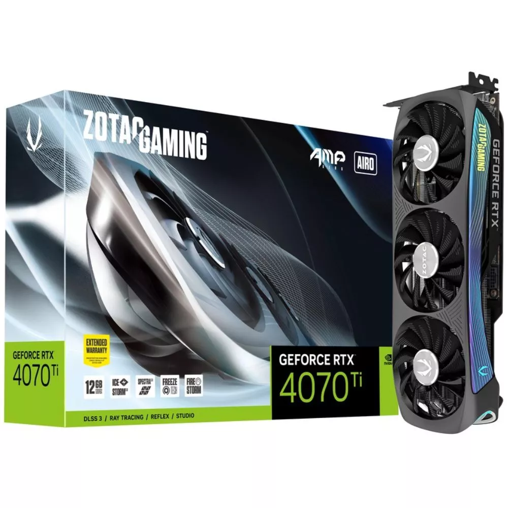ZOTAC GeForce RTX 4070 Ti AMP AIRO  12GB GDDR6X, 192bit, 2670/21000Mhz, Ada Lovelace/DLSS3, PCIeX16 4.0, 1xHDMI, 3xDP, All-New Aerodynamic Design, Tri