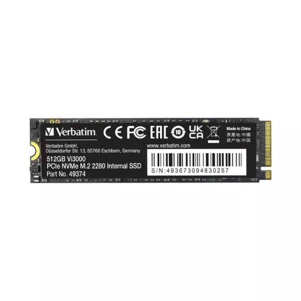 M.2 NVMe SSD  512GB Verbatim Vi3000, Interface: PCIe3.0 x4 / NVMe 1.3, M2 Type 2280 form factor, Sequential Read 3300 MB/s, Sequential Write 2500 MB/s
