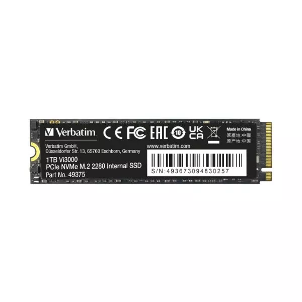 M.2 NVMe SSD 1.0TB Verbatim Vi3000, Interface: PCIe3.0 x4 / NVMe 1.3, M2 Type 2280 form factor, Sequential Read 3300 MB/s, Sequential Write 3300 MB/s,