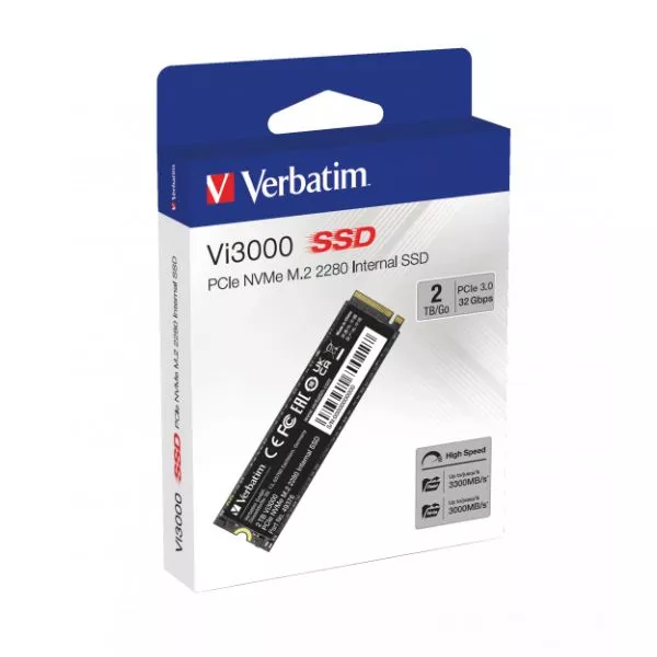 M.2 NVMe SSD 2.0TB Verbatim Vi3000, Interface: PCIe3.0 x4 / NVMe 1.3, M2 Type 2280 form factor, Sequential Read 3300 MB/s, Sequential Write 3300 MB/s,