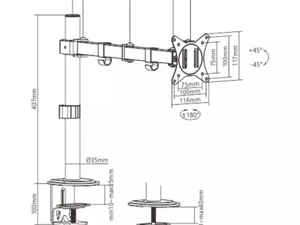 Arm for 1 monitor 17"-32"  Gembird MA-D1-01, Adjustable desk display mounting arm (rotate, tilt, swivel),  VESA 75/100, up to 9 kg, black