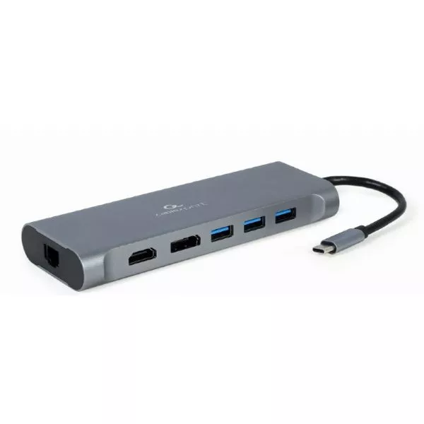 Adapter 8-in-1: USB 3 hub, 4K HDMI, DisplayPort and Full HD VGA video, stereo audio, Gigabit LAN port, card reader and USB Type-C PD charge support фото