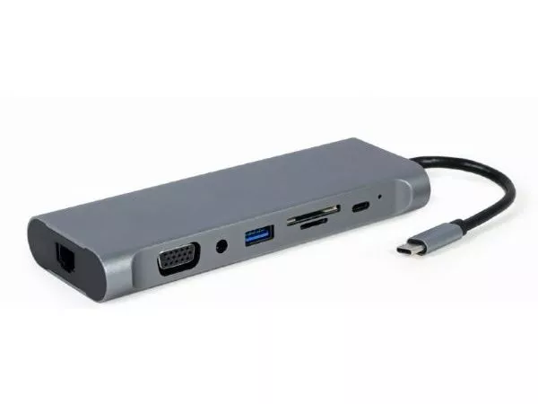 Adapter 8-in-1: USB 3 hub, 4K HDMI, DisplayPort and Full HD VGA video, stereo audio, Gigabit LAN port, card reader and USB Type-C PD charge support