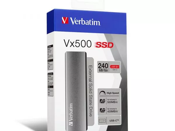 M.2 External SSD 240GB  Verbatim Vx500 USB 3.1 Gen 2, Sequential Read/Write: up to 500/430 MB/s, Win