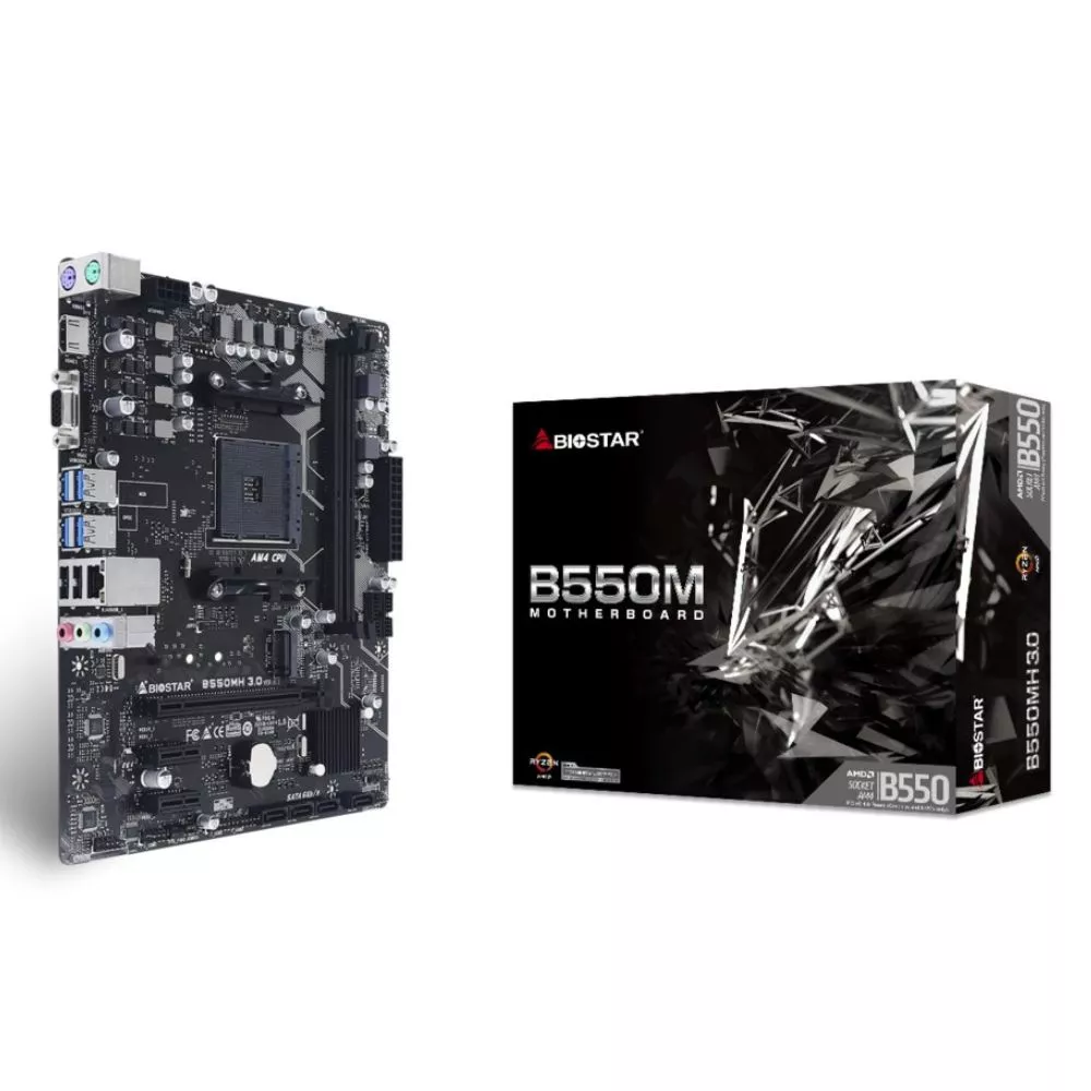 BIOSTAR B550MH 3.0, Socket AM4, AMD B550, Dual 2xDDR4-4933+, APU AMD graphics, VGA, HDMI, 1xPCIe4.0 x16, 4xSATA3, RAID, 1x M.2 Gen4 x4(64Gb/s), 2xPCIe