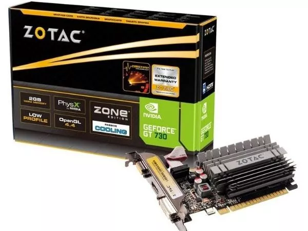 ZOTAC GeForce GT730 Zone Edition 2GB GDDR3, 64bit, 902/1600Mhz, Passive Heatsink, 1.5 Slot, HDCP, VGA, DVI-D, HDMI, Low Profile, 2x Low profile bracke фото