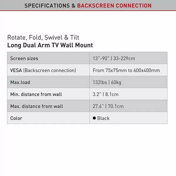 Wall Mount Barkan ''BM464L'' Black 13"-90" Full Motion, max.60kg, VESA mm: up to 600x400mm фото