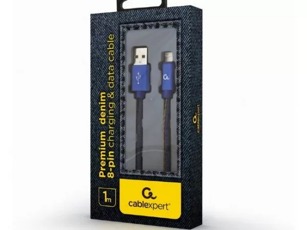 Blister Lightning 8-pin/USB2.0, 1.0m Cablexpert Cotton Braided Blue Jeans, CC-USB2J-AMLM-1M-BL фото