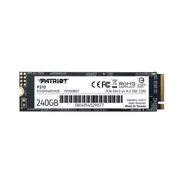 M.2 NVMe SSD 240GB Patriot P310, Interface: PCIe3.0 x4 / NVMe 1.3, M2 Type 2280 form factor, Sequential Read 1700 MB/s, Sequential Write 1000 MB/s, R фото